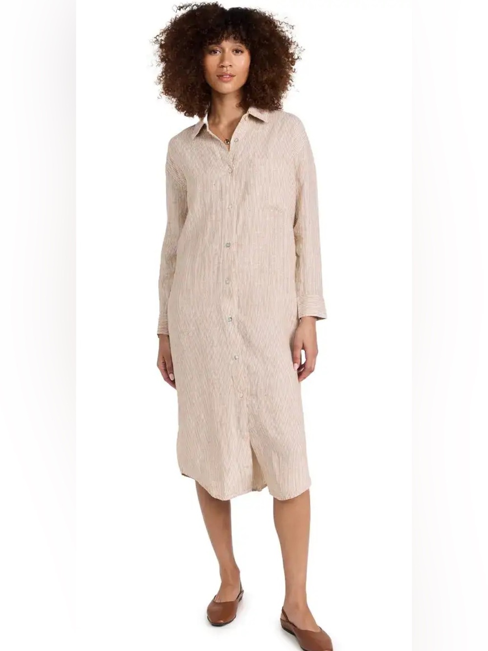 NWOT Faherty Linen Laguna Dress Striped Tan Cream Shirt Dress Mid Small